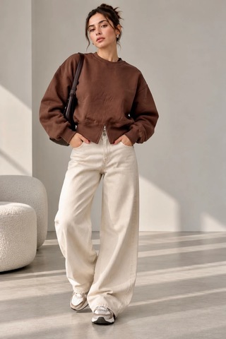 Bbbutikbasic Fermuar Detaylı Şardonlu 3 İplik Kadın Sweatshirt My3535 Kahverengi
