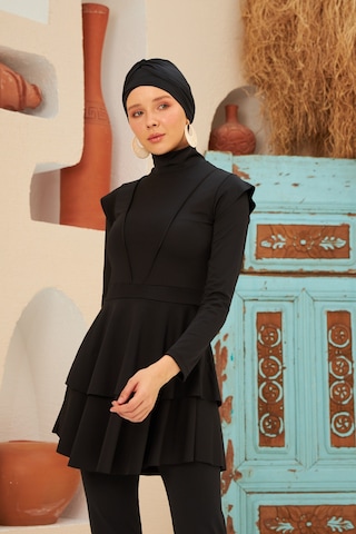 Full Likralı Tam Kapalı Tesettür Mayo Deniz Mayosu Fırfır Detaylı Lt23-01 Siyah Siyah