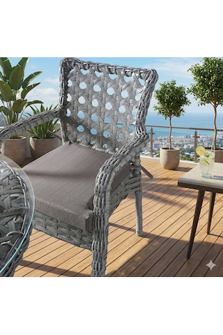 Tuna Modern Gri Rattan 4 Kişilik Yuvarlak Masa Ve Sandalye Takımı Minderli Bahçe Balkon Mobilyası Gri