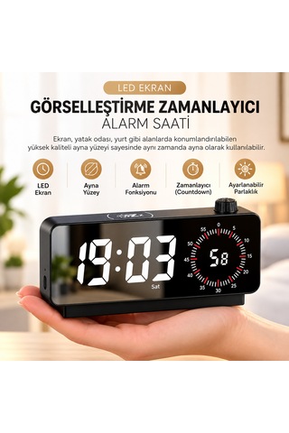 Kenly Dijital Led Çalar Saat Görsel Zamanlayıcı Geri Sayım Çift Alarm Ayarlanabilir Parlaklık Siyah
