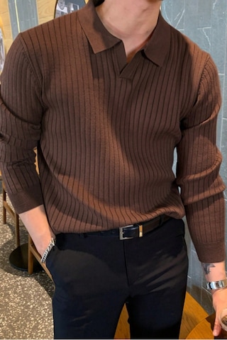 Cool Tarz Erkek Polo Yaka Triko Kazak Slim Fit Fitilli Kahverengi