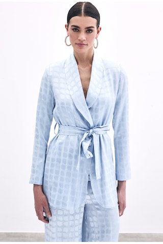 Sateen Kare Desenli Kuşaklı Ceket - Bebe Mavi-135792 Bebe Mavi