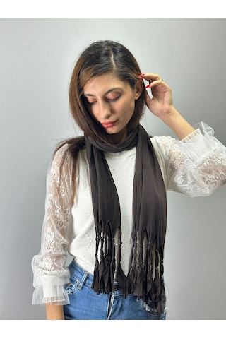 Gönülden Tasarım 140x45 Cm Penye Düğüm Püsküllü Unisex Fular Kahverengi