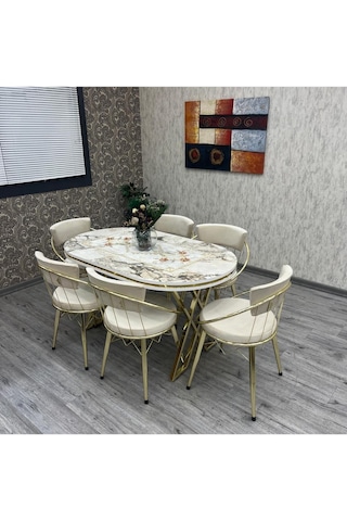 Mutfak Masa Sandalye Takımı Selenit 80-140 Oval Gold 6 Kişilik Mutfak Masası Takımı Gold