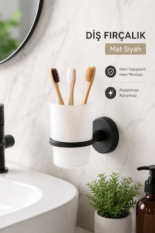 Alper Banyo Lotus Mat Siyah Eko Diş Fırçalık Plastik Tabak Ister Yapıştır Ister Montajla