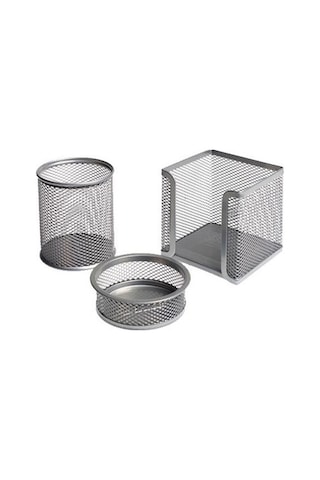 Ofis Masa Set Kalemlik + Küp Blok + Ataçlık 3 Lü Metal File Gümüş