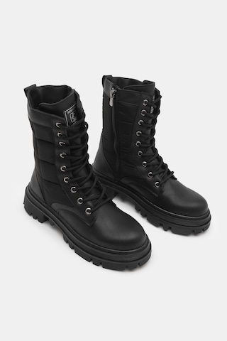 Tonny Black Kadın Siyah Cilt Termo Taban Nakışlı Karo Desenli Bağcıklı Ve Fermuarlı Bot Tbldy5001 307 Sıyah Cılt