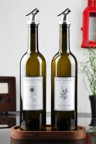 Marasca Ahşap Stantlı Amber Zeytinyağı Sıvıyağ Şişesi Yağdanlık Cam Şişe Czm 1889 2'li 750 ML