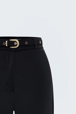 Sateen Kemer Detaylı Saten Klasik Pantolon - Siyah-137985