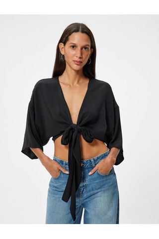 Koton Crop Üst V Yaka Bağlama Detaylı Oversize Kimono Kol Siyah 4sal50001ıw Siyah
