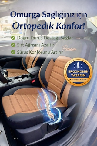 Premium Serisi Lüks Keten Üniversal Oto Koltuk Kılıfı - 5 Koltuk Tam Set Taba