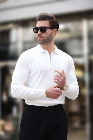 Madmext Beyaz Polo Yaka Fermuarlı Örme Kazak 7242 Beyaz