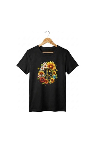 Kadın Bisiklet Yaka Ayçiçeği Ve Barış Logo Desenli Dijital Baskılı T-shirt Siyah