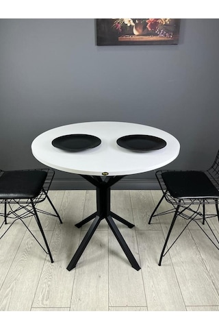 Saray Beyaz Siyah Yuvarlak Mutfak Masası Yemek Masa Balkon Masa Metal Siyah Ayak 80 Cm