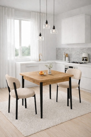 Renlife Ahşap Mutfak Masası Takımı Metal Ayaklı 2 Adet Antrasit Sandalye 70x70 Masa 2krem Çam Çam -2krem Vivo