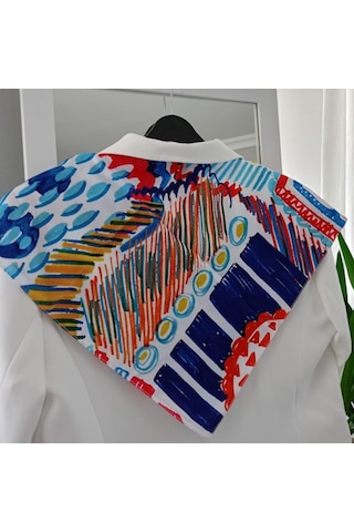 Lente Aksesuar Kadın Çok Renkli Sanatsal Çizgili Premium Kalite İpek Saten Fular 55x55cm Turuncu - Mavi