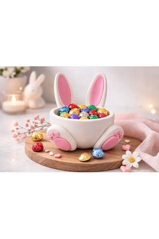Tavşan Kulaklı Dekoratif Şekerlik Pembe Beyaz Bunny Tasarım Çikolata Kasesi Masaüstü Dekoratif
