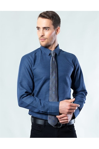 Tudors Modern Slim Fit Dar Kesim Armürlü Erkek Gömlek MD17004-203 Lacivert