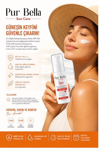 Pur Bella Güneş Kremi Spf+ 50 Leke Karşıtı Nemlendirici Aydınlatıcı Yüksek Koruma E Vitamini 50 Ml