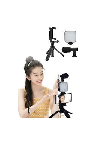 Lvsqvr Tripod Telefon Tutucu Kumandalı Mikrofon Led Işık Vlog Video Kayıt