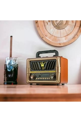 Buffer Büyük Boy Telefon Tutma Saplı Retro Ahşap Tasarım Bluetooth Hoparlörlü Radyo Fm/am Destekli, Şarjlı Ve Taşınabilir Radyo Ns-8077