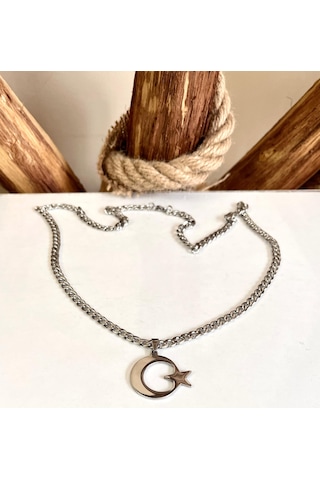 Ay Yıldız Türk Bayrağı Paslanmaz Çelik Kalın Zincirli Kolye 65cm Silver