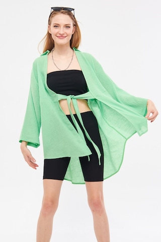 Armonika Kadın Açık Yeşil Keten Görünümlü Önden Bağlamalı Kimono Gömlek Arm-24y001063