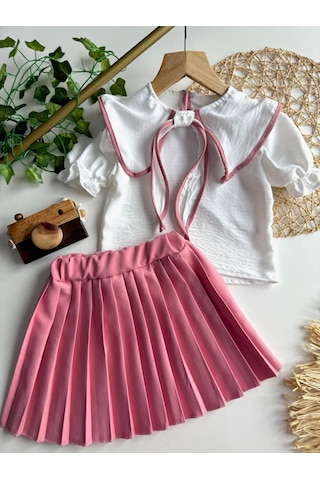 Yazlık Kısa Kollu Bluz Pileli Etek Kız Çocuk Takım Pembe