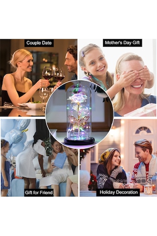 Folinda Mavi Renkli Plastik Sanal Gül, Işıklı Cam Kapağı Ve Kelebekli, Hediyelik, Aaa Pil Gerektirir Pil Dahil Değil