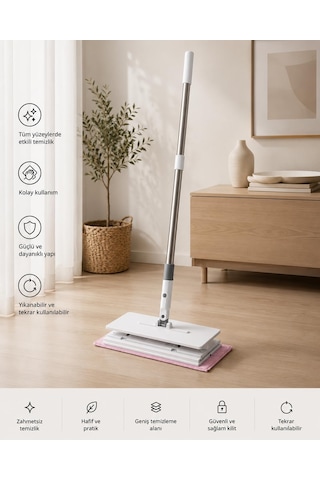 Akıllı Mop Krafz One Click Otomatik Bez Yakalayan Temizlik Seti - Kıskaçlı Duvar Ve Yer Yüzey Mopu, Tüm Bezlerle Ve Islak Mendille Uyumlu El Değmeden Bez Değiştiren 2 Adet Mikrofiber Bez Hediyeli Çok Renkli