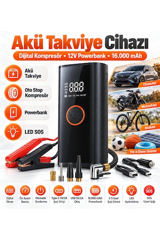 Akü Takviye Cihazı 12v Dijital Hava Kompresörü 16000 Mah Powerbank Otomatik Durdurma Led Sos Çok Amaçlı Şişirme Pompası