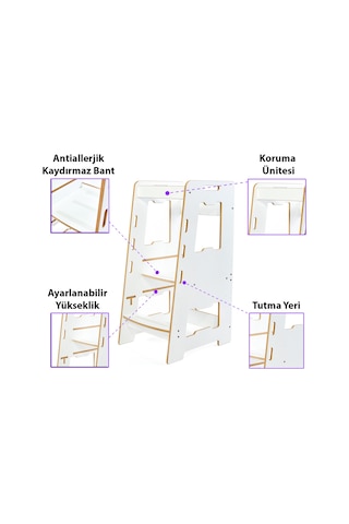 Minera Ahşap Montessori Öğrenme Kulesi / 2-6 Yaş / Beyaz