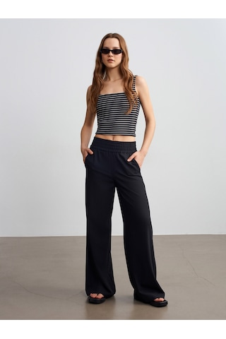 Dilvin 72259 Beli Lastikli Geniş Paça Pantolon-siyah Siyah