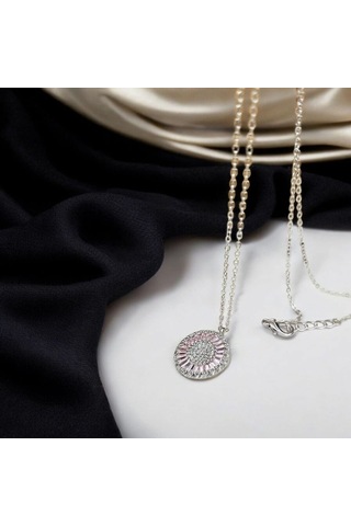 Yuvarlak Taşlı Zarif Kadın Kolye Çiçek Motifli İnce Zincirli