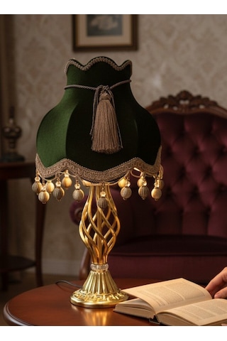 Haki Kadife Kaplı Gold İşlemeli Başlık Metal Burgulu Gold Ayaklı Klasik Model Abajur 50x30cm