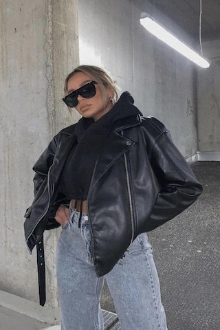 Prifaldi Yeni Sezon Oversize Uzun Kadın Siyah Deri Ceket Siyah