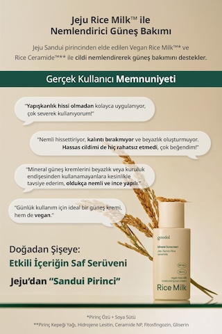 Mineral Filtreli, Nemli Bitişli Güneş Kremi Goodal Vegan Rice Milk Moisturizing Sun Cream Spf50+