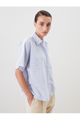 Lcwaıkıkı Classic Beyaz Çizgili Dantel Detaylı Oversize Kadın Gömlek