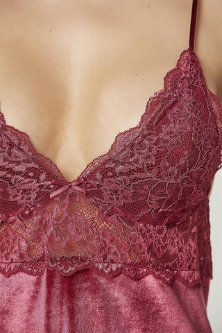 Pierre Cardin 845 Kadın İp Askılı Kadife Saten Gecelik-bordo Bordo