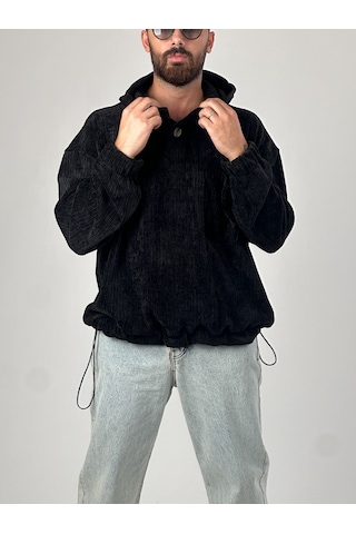 Kadife Dokulu Siyah Oversize Kapüşonlu Erkek Sweatshirt Coc1038 Siyah