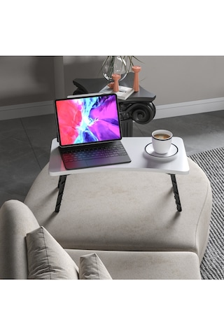 Alpa Ev Mobilya Katlanabilir Laptop Sehpası, Taşınabilir Katlanır Masa, Kahvaltı Ve Çalışma Masası Beyaz