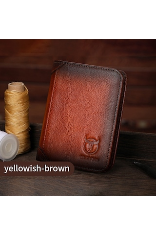 Hangfox Erkek Deri Cüzdan Rfıd Korumalı, İlk Derece Deri, Retro Dikey Tip, Ehliyet Ve Para Taşıma, Sarı Kahverengi Sarı - Kahverengi