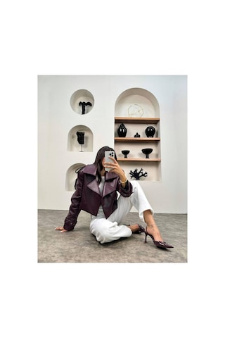 Ihlamurlar Tekstil Kadın Premium Trend Luxury Bordo Suni Deri Tasarım Biker Ceket Bordo Bordo