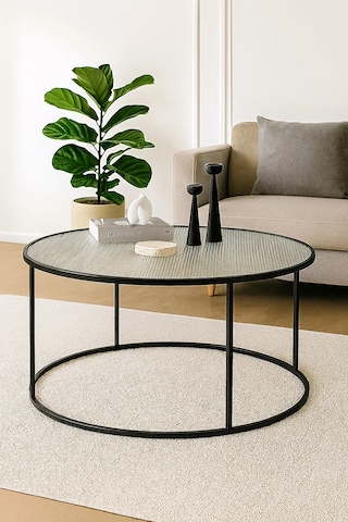 Berlin Nervürlü Camlı Siyah 80cm - Metal Çerçeveli Cam Yuvarlak Orta Sehpa - Modern Ve Şık Tasarım Siyah