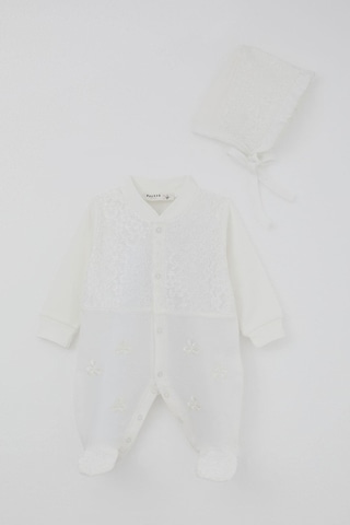 Breeze Kız Bebek Patikli Tulum Dantel Detaylı Çiçek Nakışlı 0-6 Ay, Ekru Ekru