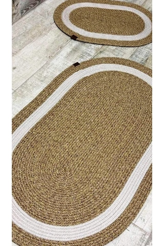 Jüt Hasır 2li Banyo Paspas Takımı-bej Ortası Beyaz Bej