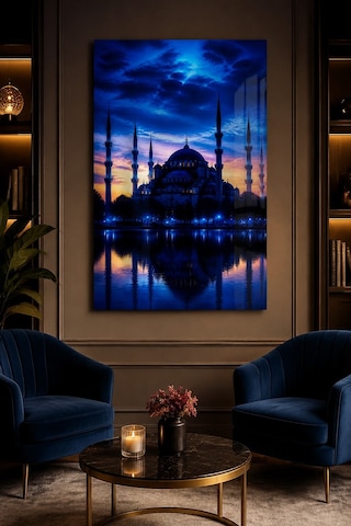 Sultanahmet Camii Baskılı Cam Tablo Mavi Akşam Uv Baskı Duvar Dekoru