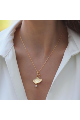 İstiridye İncili Sarkıt Gold Gümüş Set Gümüş