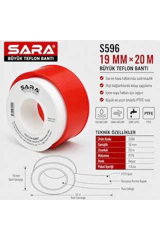 Sara S596 Büyük Teflon Bant 19 Mm X 20 M, Ptfe, Beyaz, 10 Lu Paket