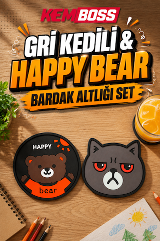 Kemboss Happy Ayıcık Ve Gri Kedi Bardak Altlığı Seti 4'lü - Pvc Kaydırmaz Bardak Altlığı 2 Happy Ayıcık + 2 Gri Kedi Çok Renkli